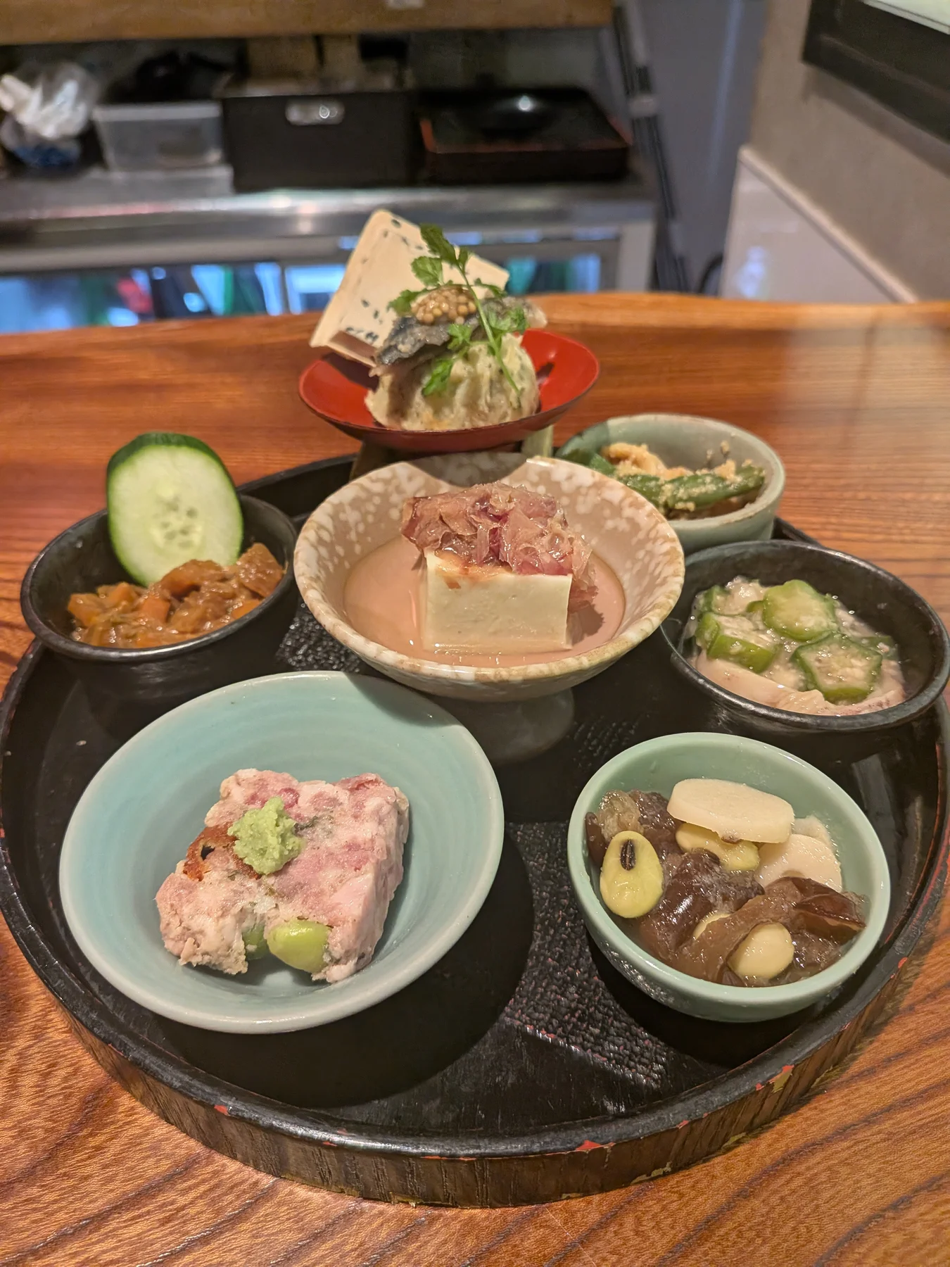 Hassun platter at Aomoriya, including nanban-miso vegetables