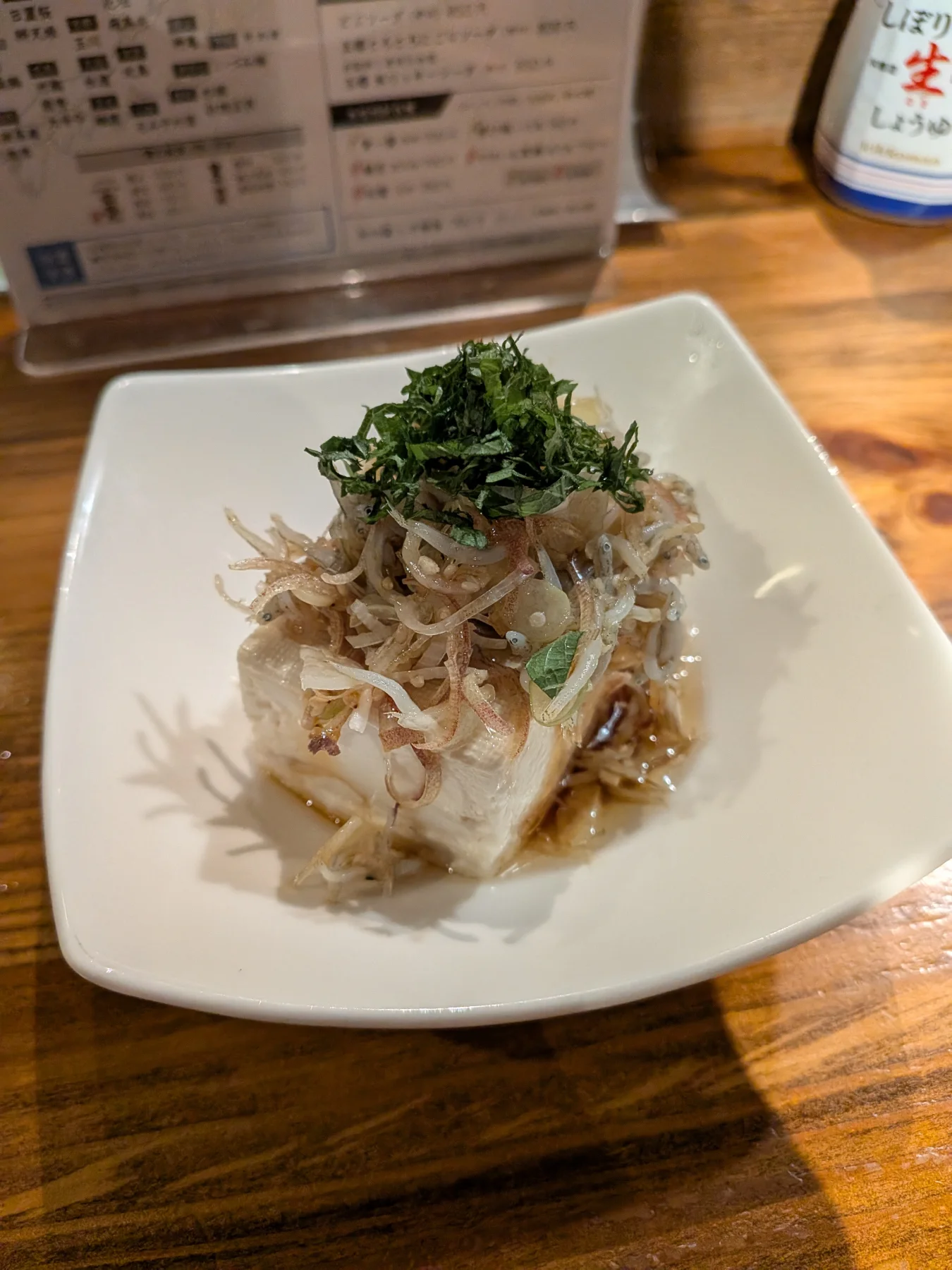 Cold tofu with shirasu, myoga, and shiso at Enrai