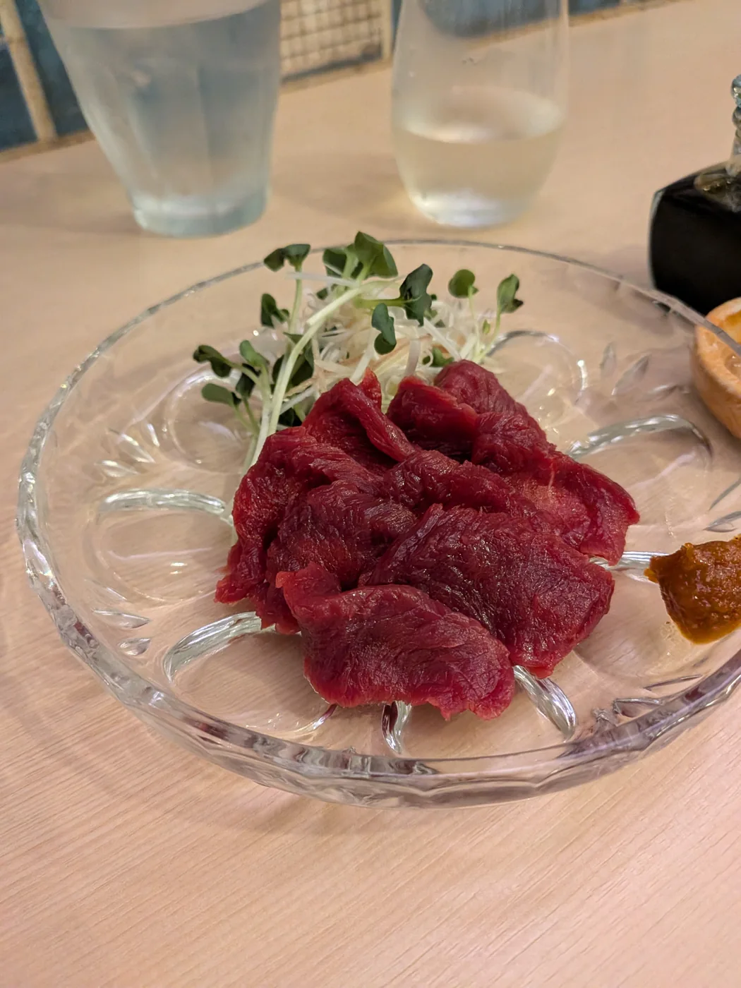Horse sashimi served at Furusato in Shimbashi