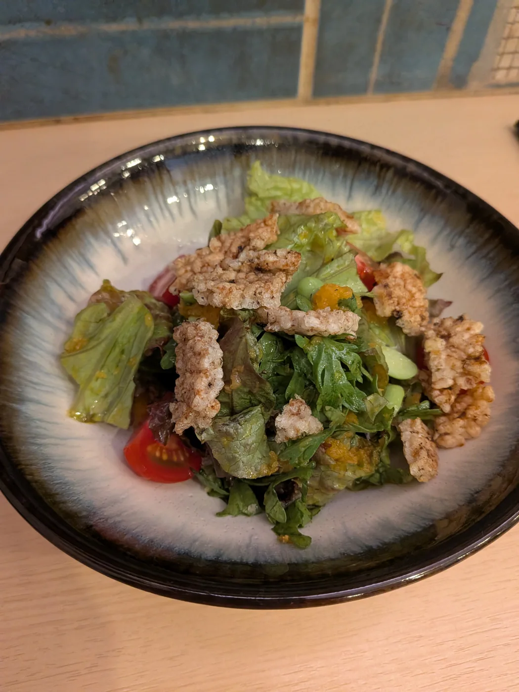 Furusato salad with shungiku greens and crispy rice