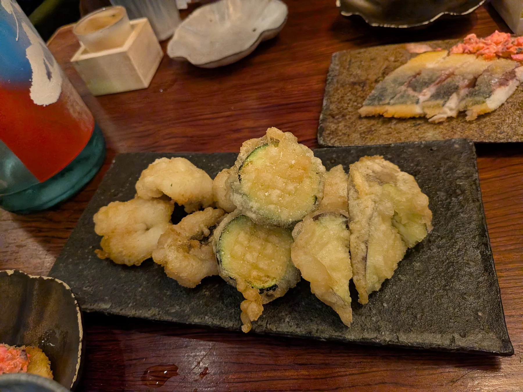 Fried aji and seasonal vegetable fritters at Sake and Bistro Karasu
