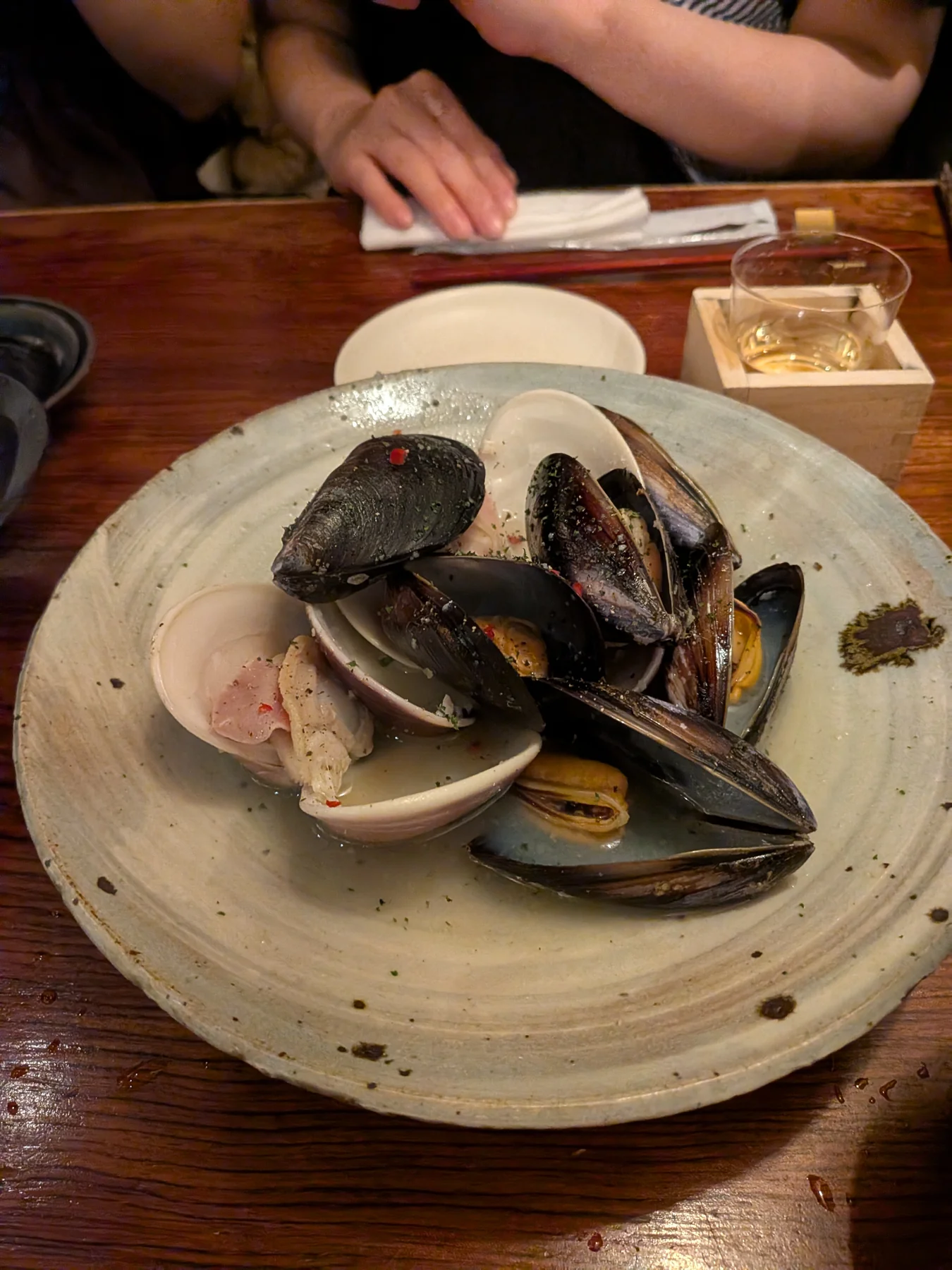 Mussels and clams steamed in white wine at Sake and Bistro Karasu in Monzen-nakacho